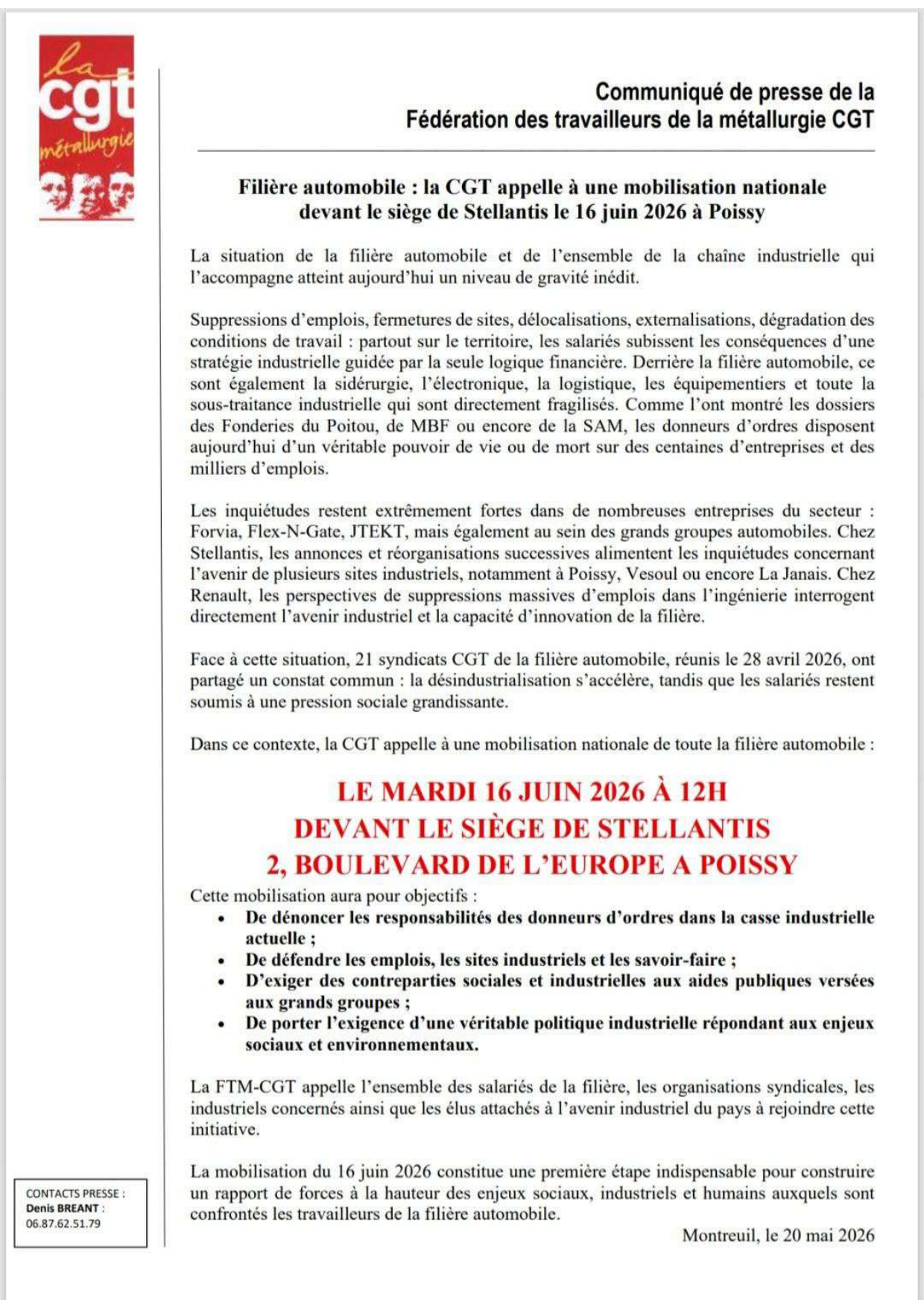 Aperçu — Filière automobile : mobilisation nationale devant le siège de Stellantis le 16 juin 2026 à Poissy